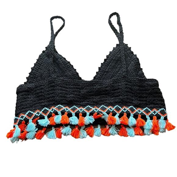 Adora Crocheted Black Tank Top with Pom Pom Fringes Size - Picture 2 of 9